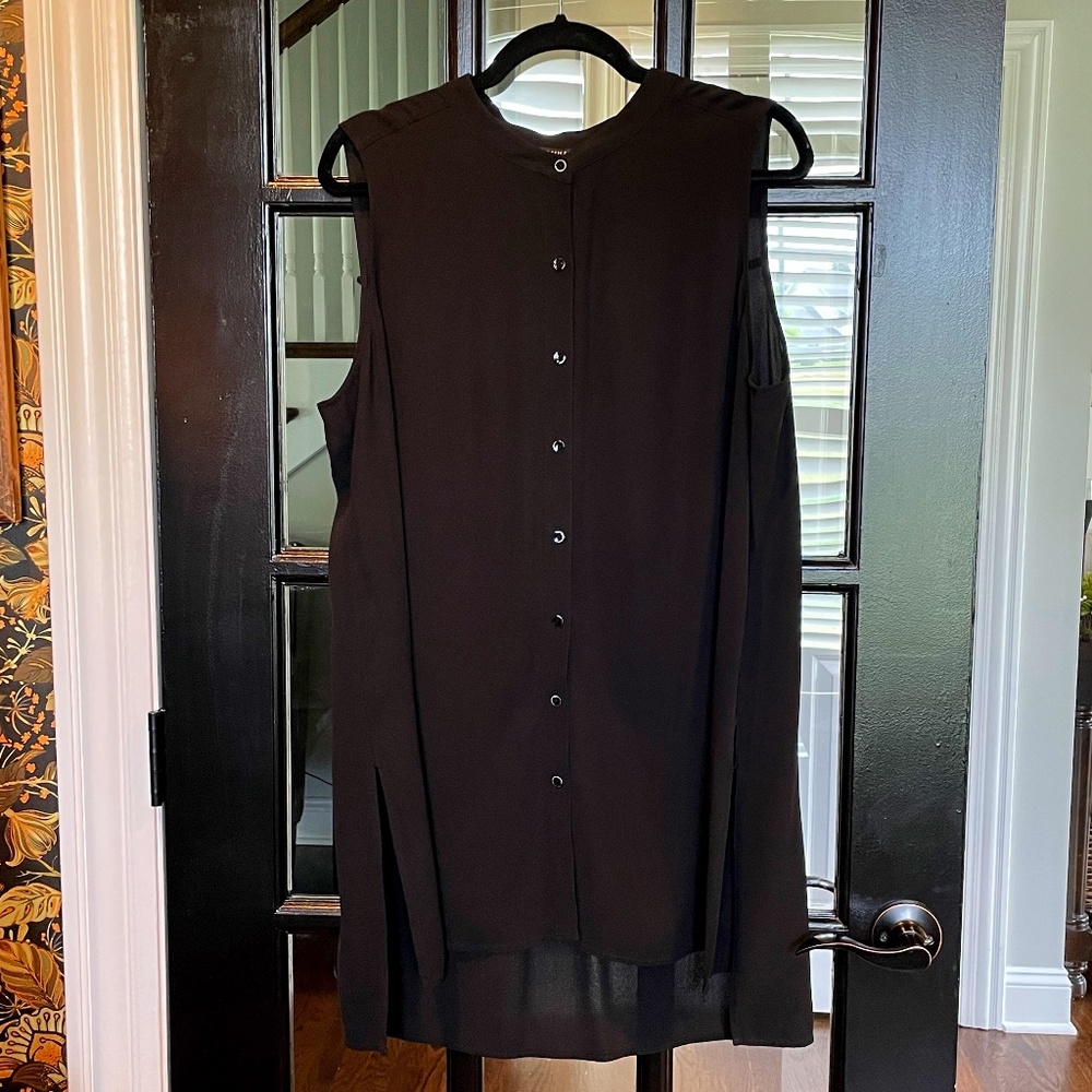 EILEEN FISHER Black Sheer Sleeveless Button Down Tunic w/Mandarin Collar - LARGE